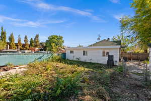 Rear view of house with a fenced backyard
