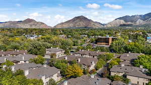 Aerial overview of property's location with a mountain backdrop and nearby suburban area