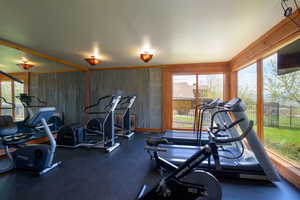 Exercise room with wood walls