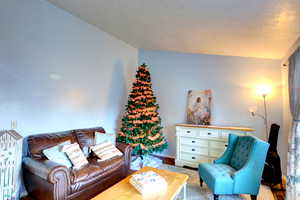 Living area featuring wood finished floors and a textured ceiling