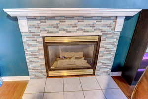 Detailed view of a glass covered fireplace and wood finished floors