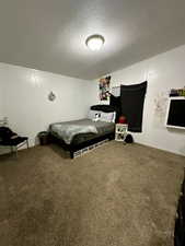 Carpeted bedroom with a textured ceiling
