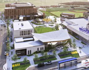 Downtown Daybreak with restaurants, megaplex theater, arcade and bowling, outdoor concert space, ice skating rink and more