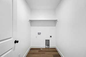 Washroom with dark wood-style flooring, electric dryer hookup, and washer hookup