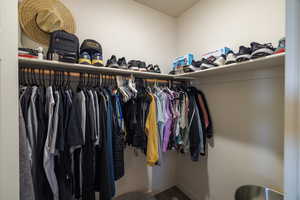 Walk in closet with wood finished floors