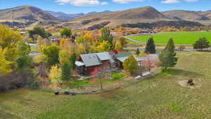 Aerial view of sparsely populated area featuring a mountain backdrop