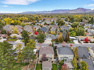 Aerial view of residential area with mountains