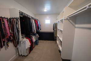 Walk in closet with light carpet