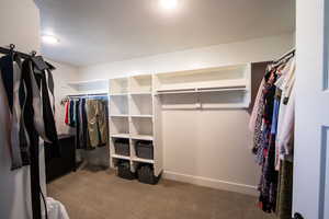 Walk in closet with dark colored carpet