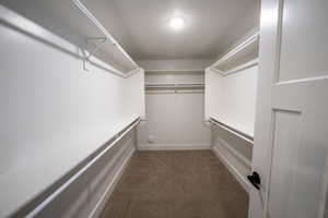 Walk in closet with dark colored carpet