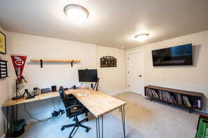 Office area featuring light colored carpet and a textured ceiling