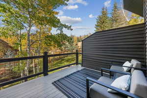 Wooden terrace with view of scattered trees