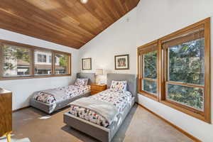 Bedroom with multiple windows, wood ceiling, carpet floors, and high vaulted ceiling