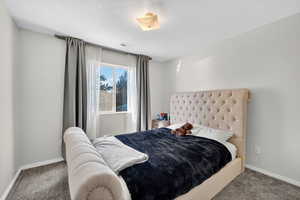 Bedroom featuring carpet and a textured ceiling