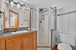 Bathroom featuring a shower stall, vanity, and decorative backsplash