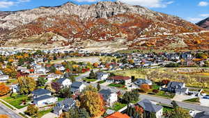 Aerial view of residential area with a mountainous background
