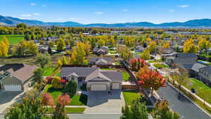 Aerial perspective of suburban area featuring mountains