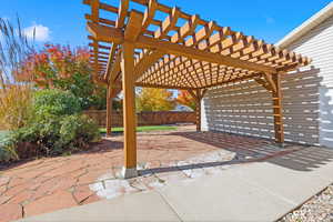 Fenced backyard with a patio and a pergola