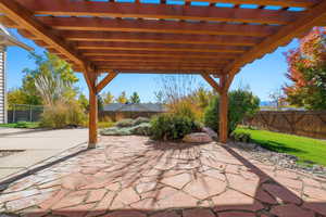 Fenced backyard featuring a pergola and a patio area