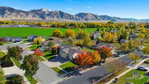 Aerial view of residential area with mountains