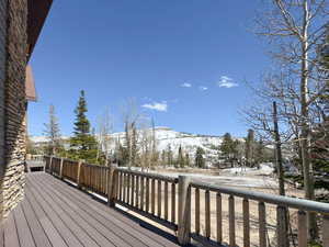 Snow covered deck with a mountain view