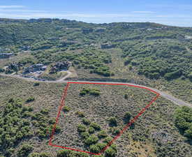 Aerial view of property and surrounding area with property parcel outlined and a forest