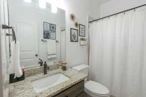 Full bathroom with vanity and a shower with shower curtain