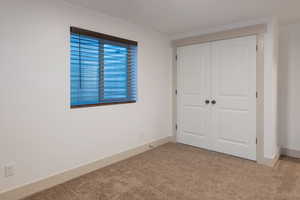 Unfurnished bedroom featuring carpet flooring and a closet