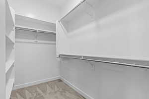 Spacious closet with light carpet
