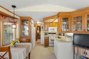 Kitchen with hanging light fixtures, white appliances, light colored carpet, a textured ceiling, and glass insert cabinets