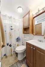 Bathroom with curtained shower, vanity, wood finished floors, a textured ceiling, and backsplash