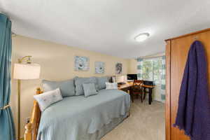 Bedroom featuring light carpet, a textured ceiling, and a desk