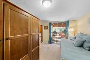 Bedroom featuring access to outside, light colored carpet, and a textured ceiling