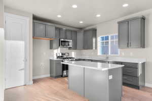 Kitchen with gray cabinets, stainless steel appliances, a center island, and recessed lighting