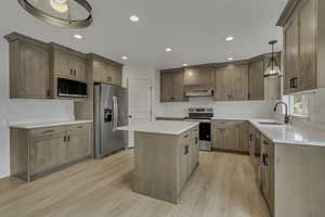 Kitchen featuring stainless steel appliances, hanging light fixtures, a kitchen island, recessed lighting, and light wood-style floors