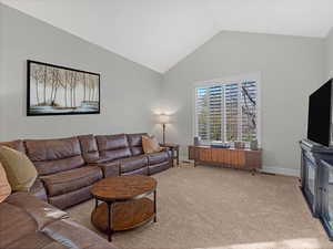 Living room with high vaulted ceilings