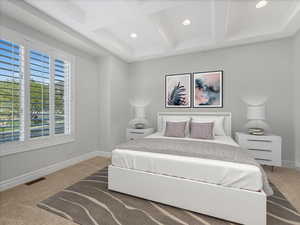 Bedroom featuring carpet, recessed lighting, beam ceiling, and coffered ceiling