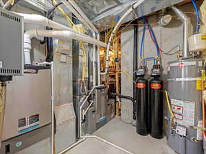 Utility room with secured water heater, furnace, & water softener
