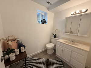 Bathroom featuring vanity and dark wood-style flooring