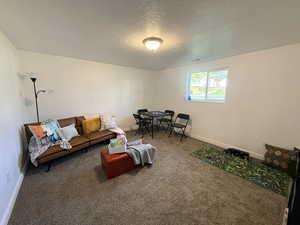 Carpeted living room with baseboards and a textured ceiling