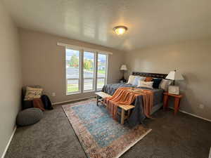 Bedroom with a textured ceiling and carpet