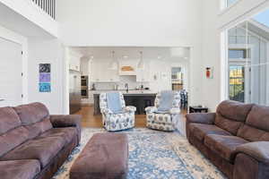 Living room featuring light wood finished floors and a towering ceiling