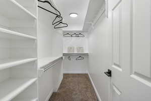 Walk in closet with dark carpet