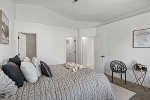 Carpeted bedroom with vaulted ceiling and a walk in closet