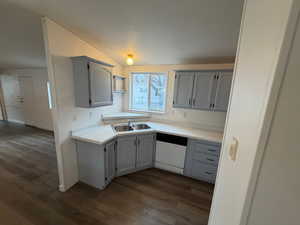 Kitchen with gray cabinets, light countertops, and dark wood-style flooring