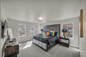 Bedroom featuring light carpet and baseboards