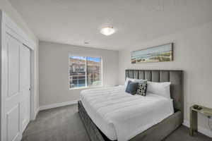 Carpeted bedroom with a closet and a textured ceiling