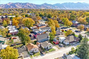 Aerial view of residential area with mountains