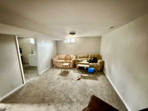Living area featuring carpet floors and washer / dryer