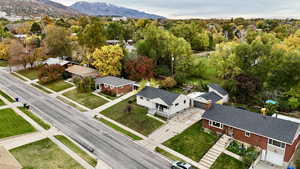 Aerial perspective of suburban area with mountains